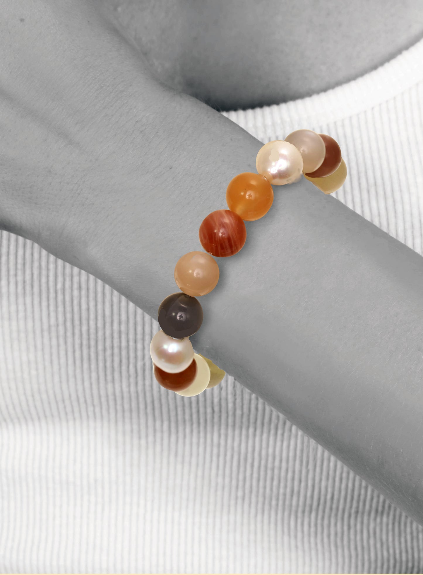 Multi-color moonstone, white baroque pearl, 7.25” stretch