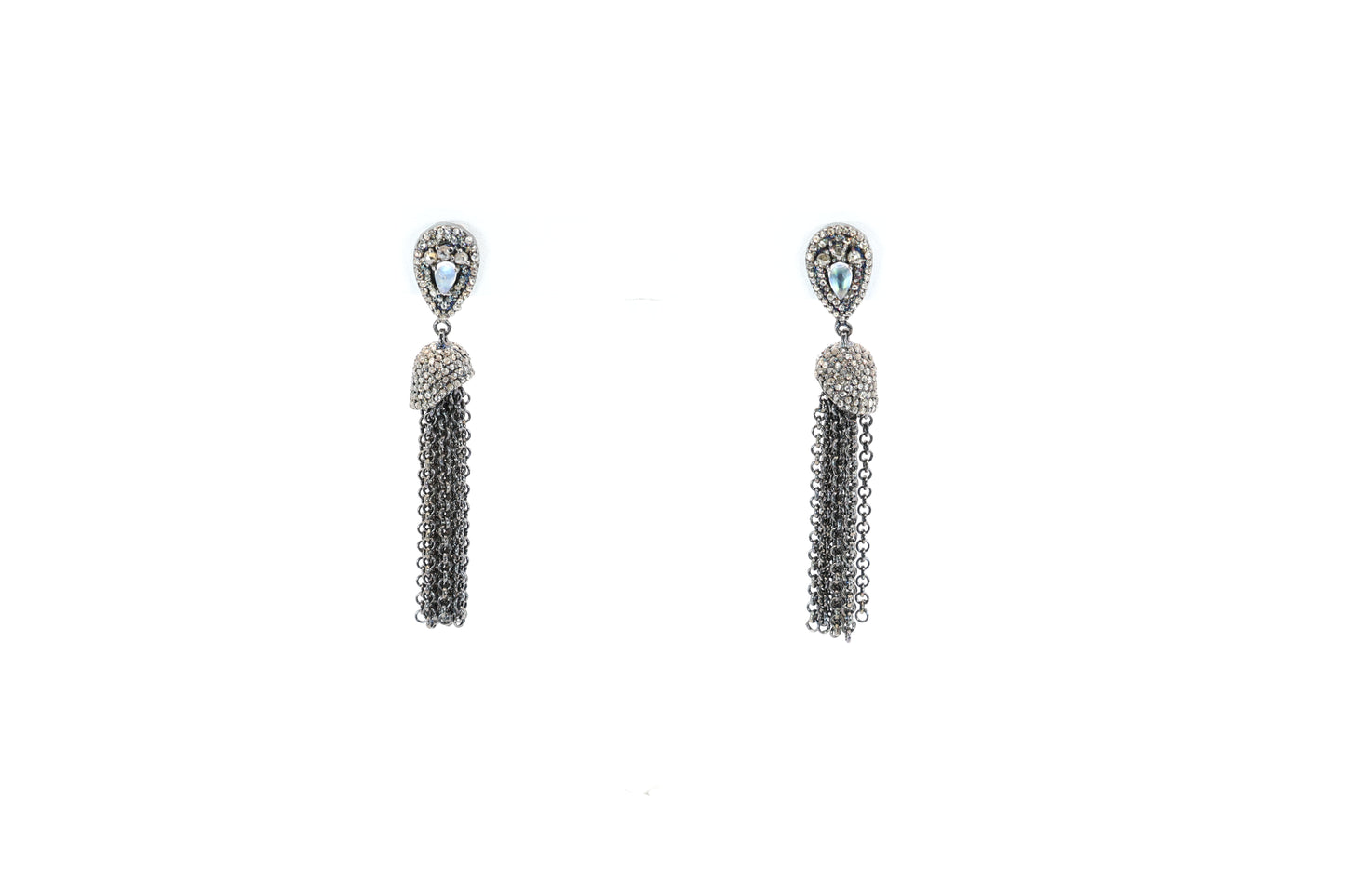 Oxidized Silver Chain Earrings with Diamonds and Moonstone