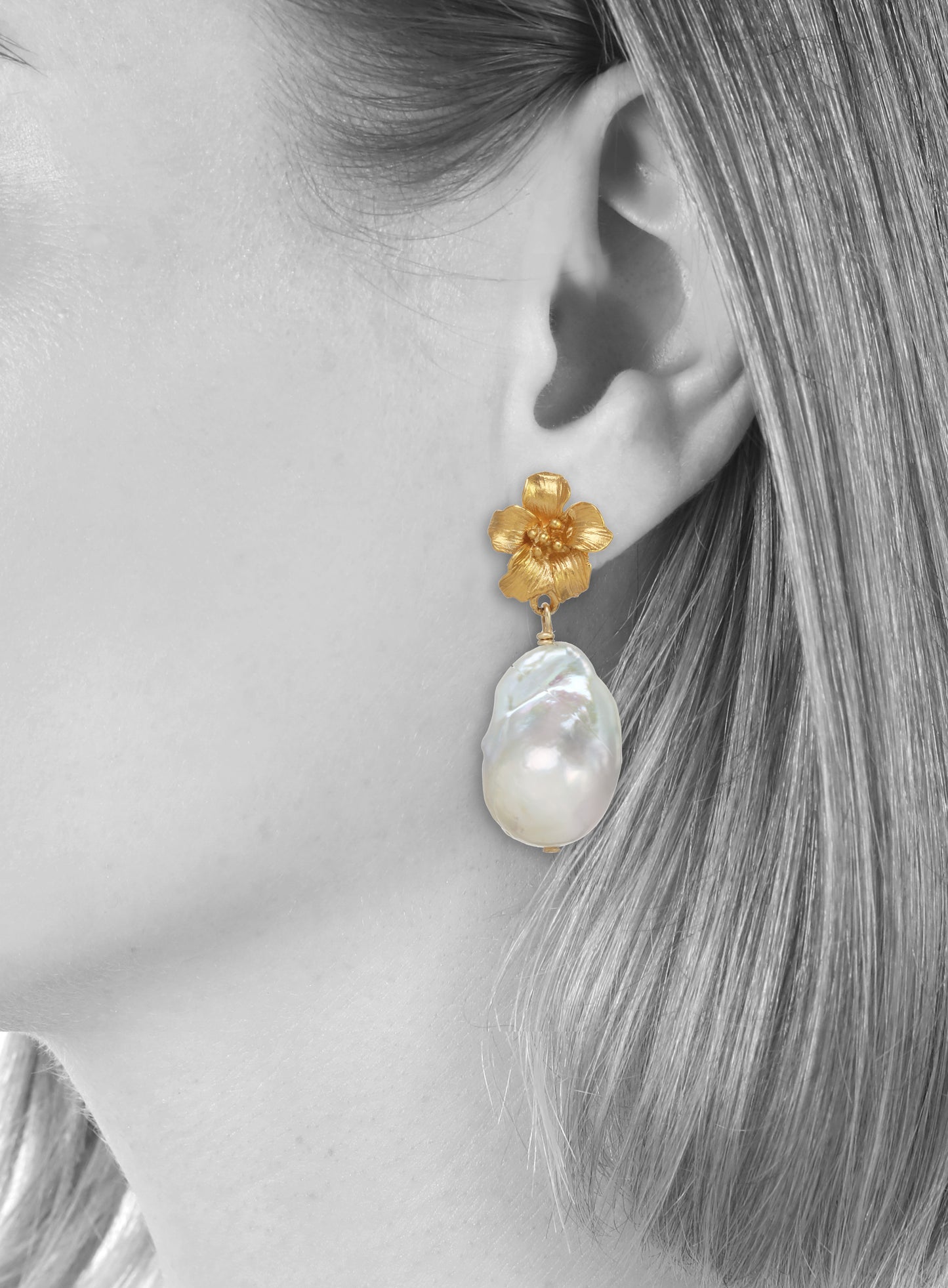 White baroque pearl, 15-20 mm vermeil flower, 1.5” H x .5” W, LE