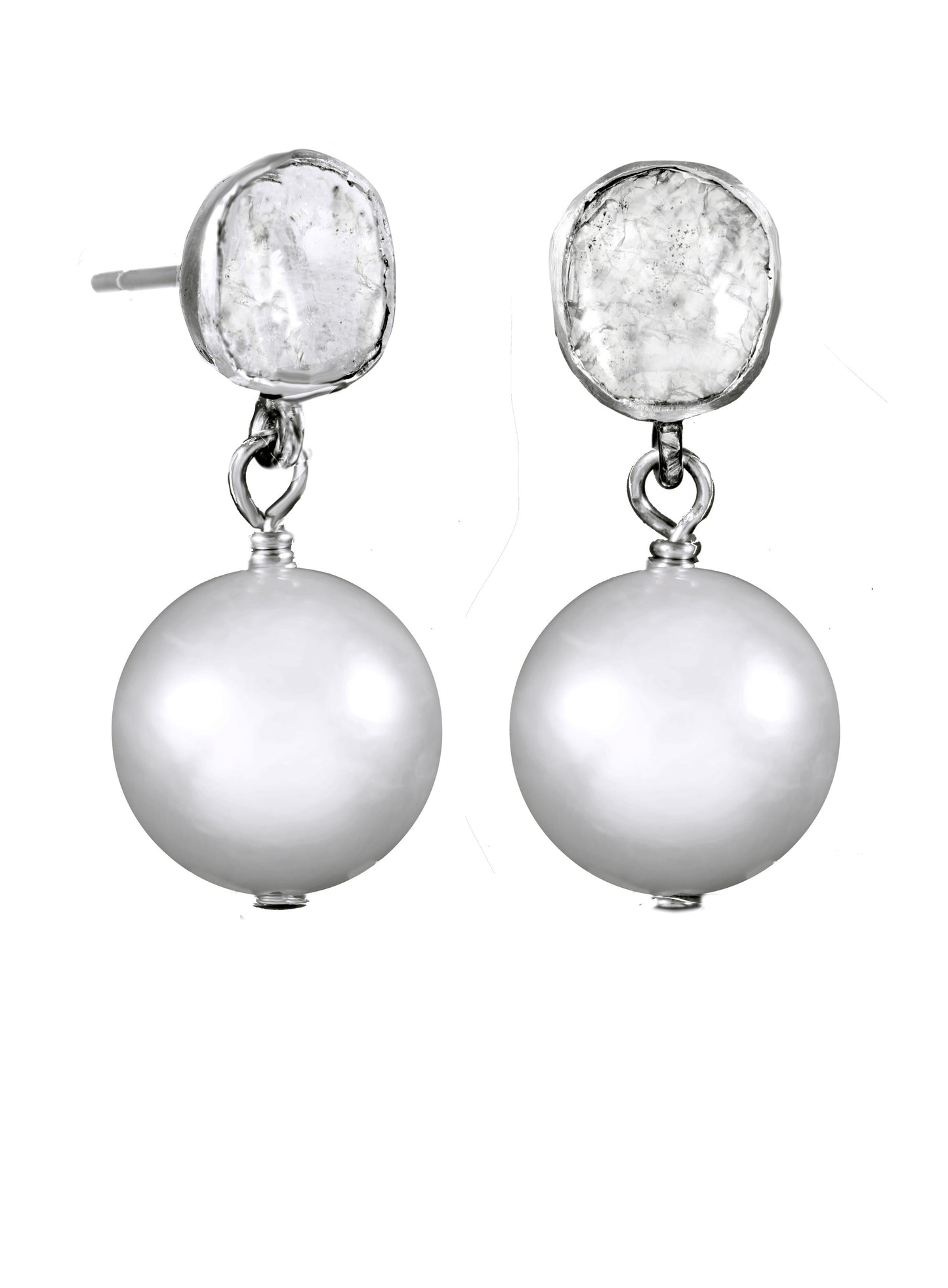 White Edison pearl, raw diamond and s/s post, 1” H