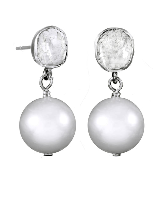 White Edison pearl, raw diamond and s/s post, 1” H