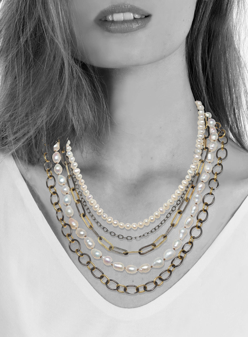 Baroque pearl, small pearl, s/s and vermeil chain, 15”-19” w/2” ext. LE