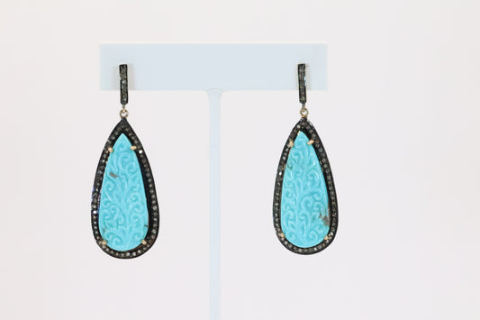 Carved Turquoise & Diamond Silver Earrings