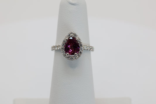 Lrg Pear Shaped Ruby Ring 14k wg with diamonds