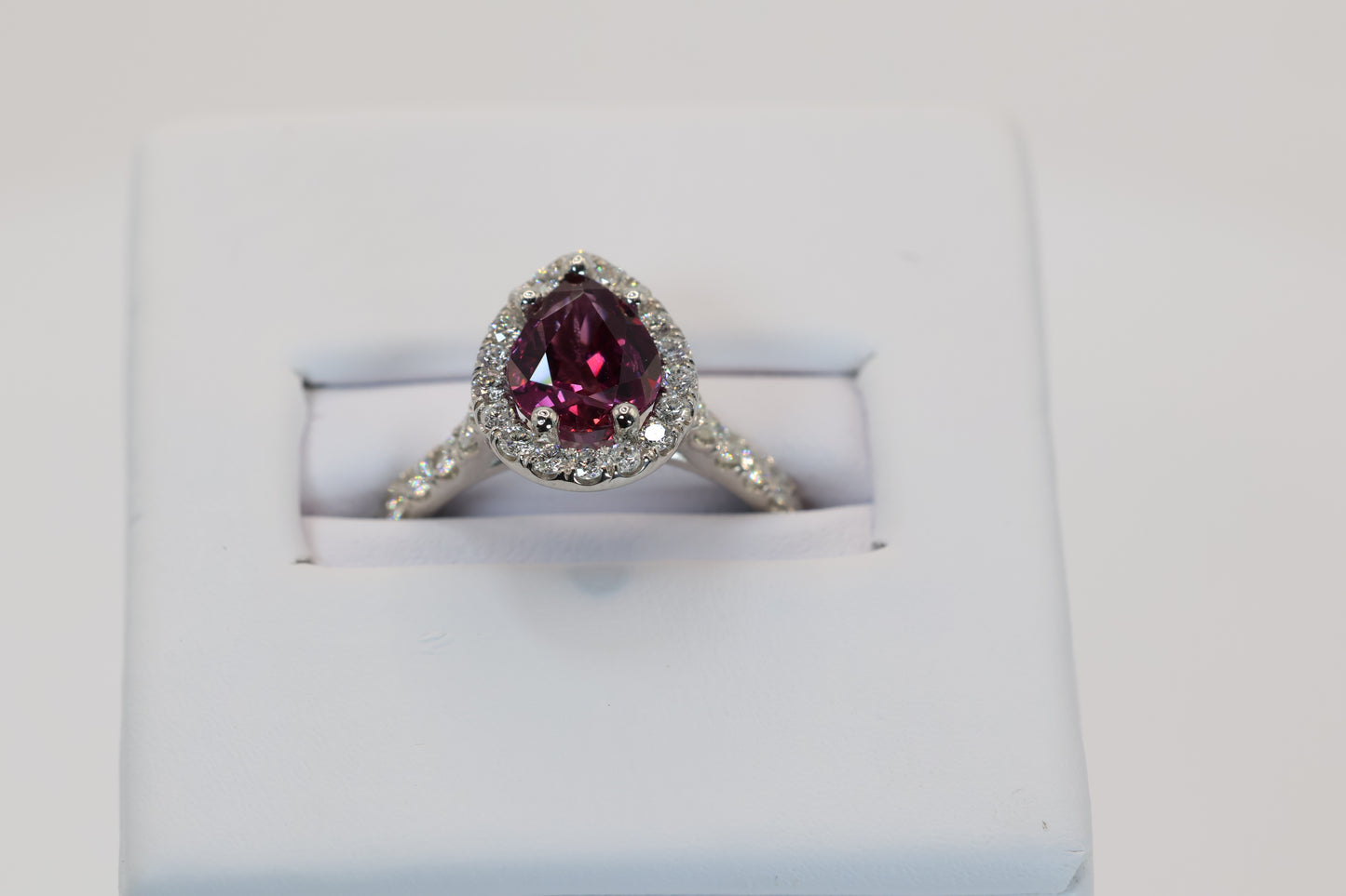 Lrg Pear Shaped Ruby Ring 14k wg with diamonds