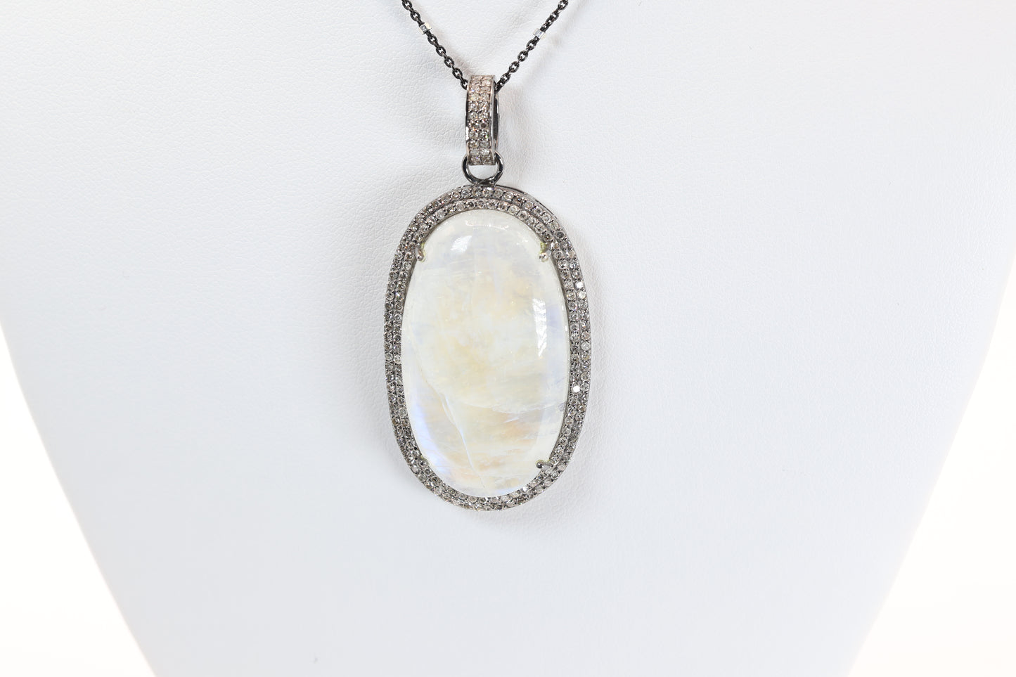 Rainbow Moonstone Pendant with Double Diamond Halo