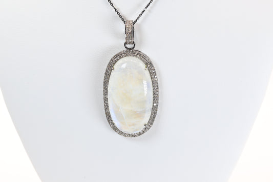 Rainbow Moonstone Pendant with Double Diamond Halo