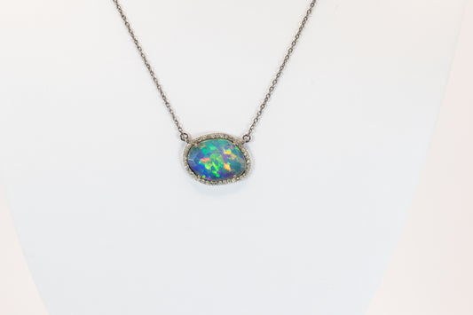 Opal Necklace with Diamond Halo