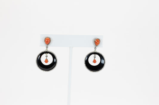 Black Onyx & Red Coral Earrings with Diamonds