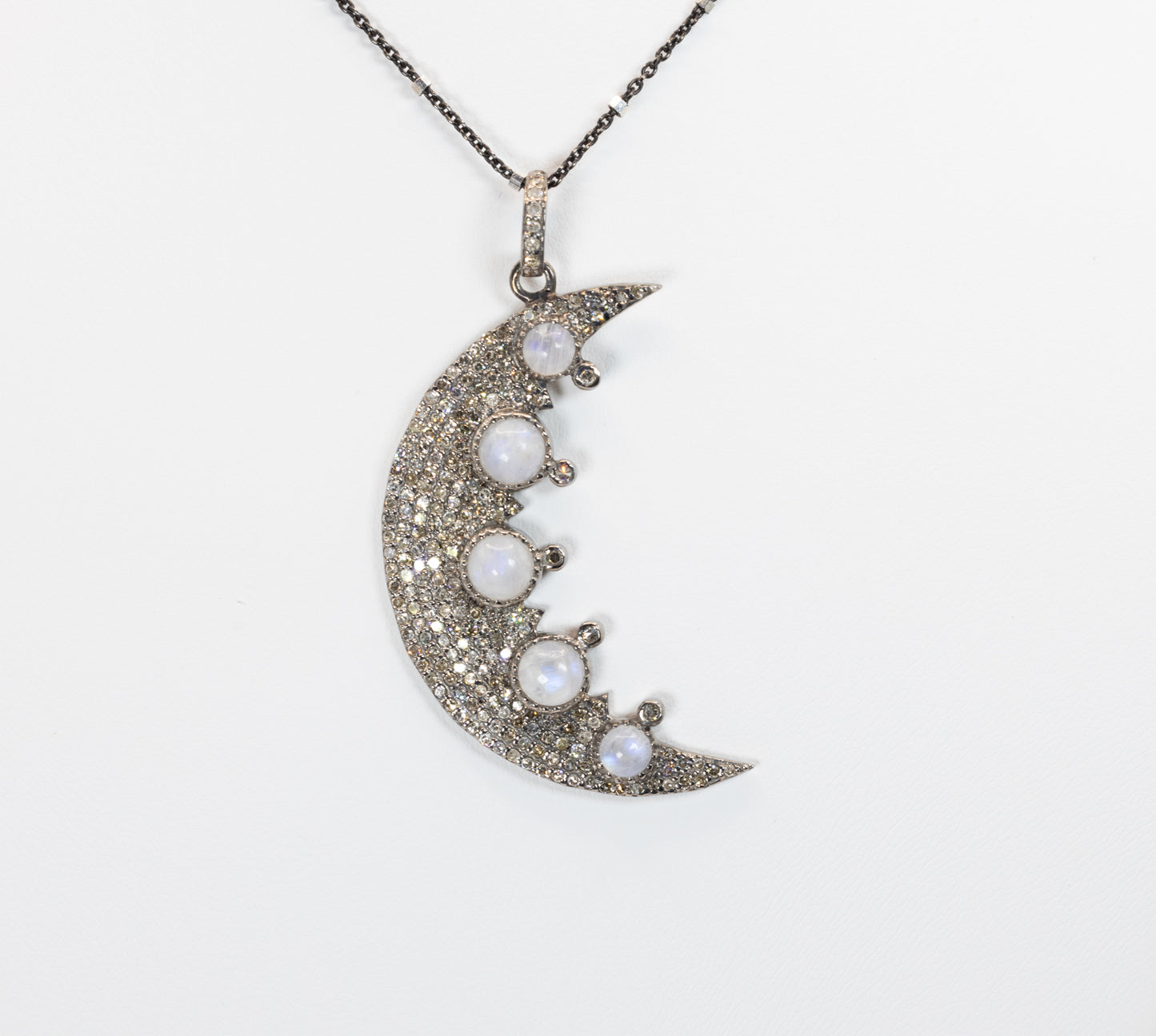 Crescent Moon with Rainbow Moonstone & Pave Diamonds
