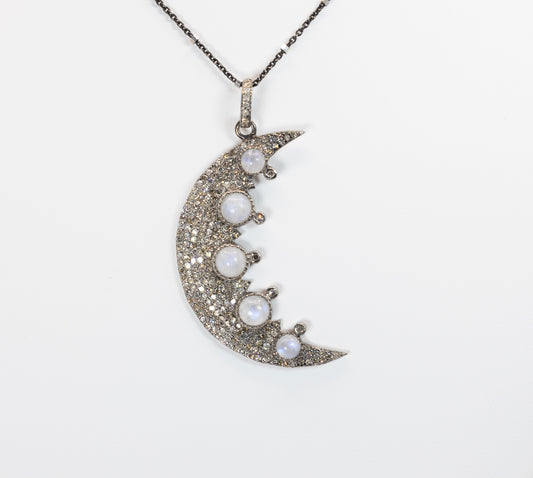 Crescent Moon with Rainbow Moonstone & Pave Diamonds