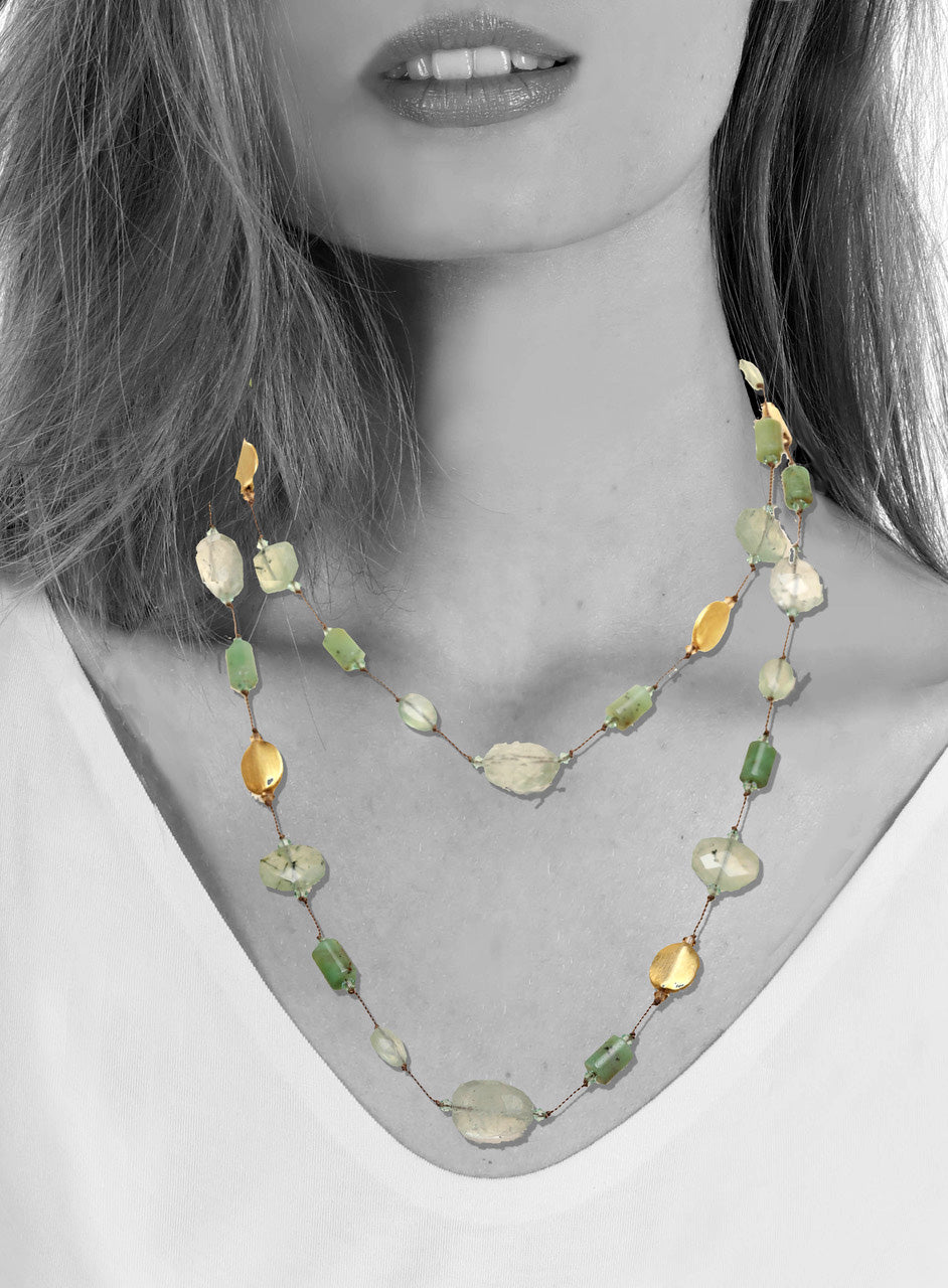 Ltd. Ed. Chrysoprase, prenite, green amethyst, 14kt gp bead, vermeil toggle, 35”