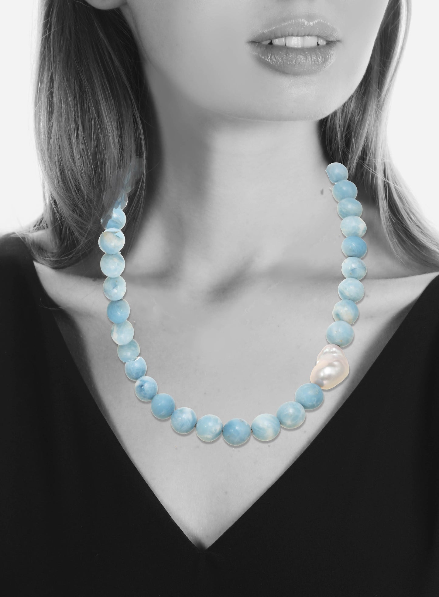 Natural Larimar smooth ball, white baroque pearl, s/s, 17”