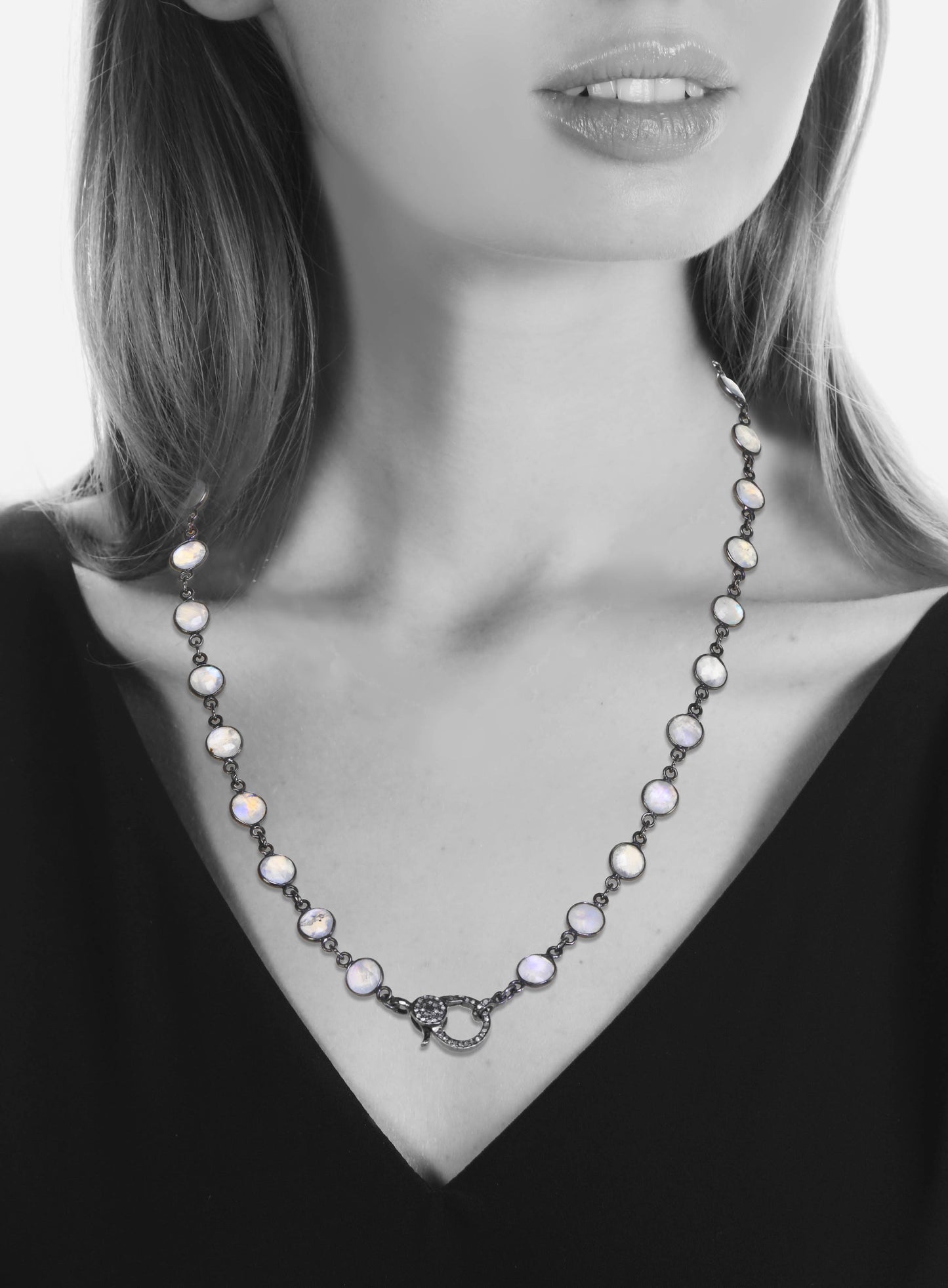 Rainbow moonstone, diamond clasp, 18” length, s/s