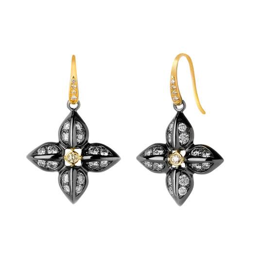 Jardin Flower Diamond Earrings Oxidized Silver & 18 karat Yellow Gold