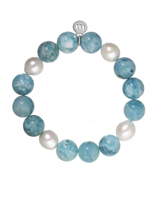 Smooth amazonite ball, small white baroque pearl, 7.5” stretch