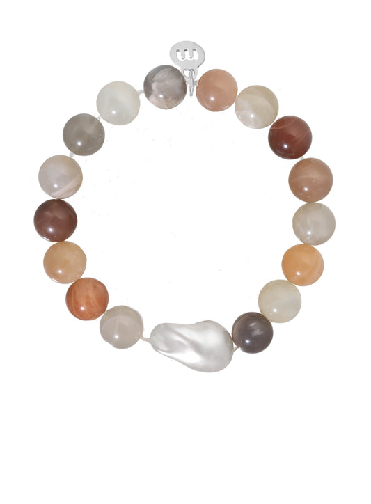 Multi-color moonstone, white baroque pearl, 7.25” stretch