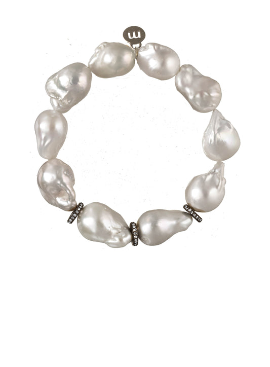 White baroque pearl,15-17mm, 3 diam rondels, s/s, 7.25”, stretch