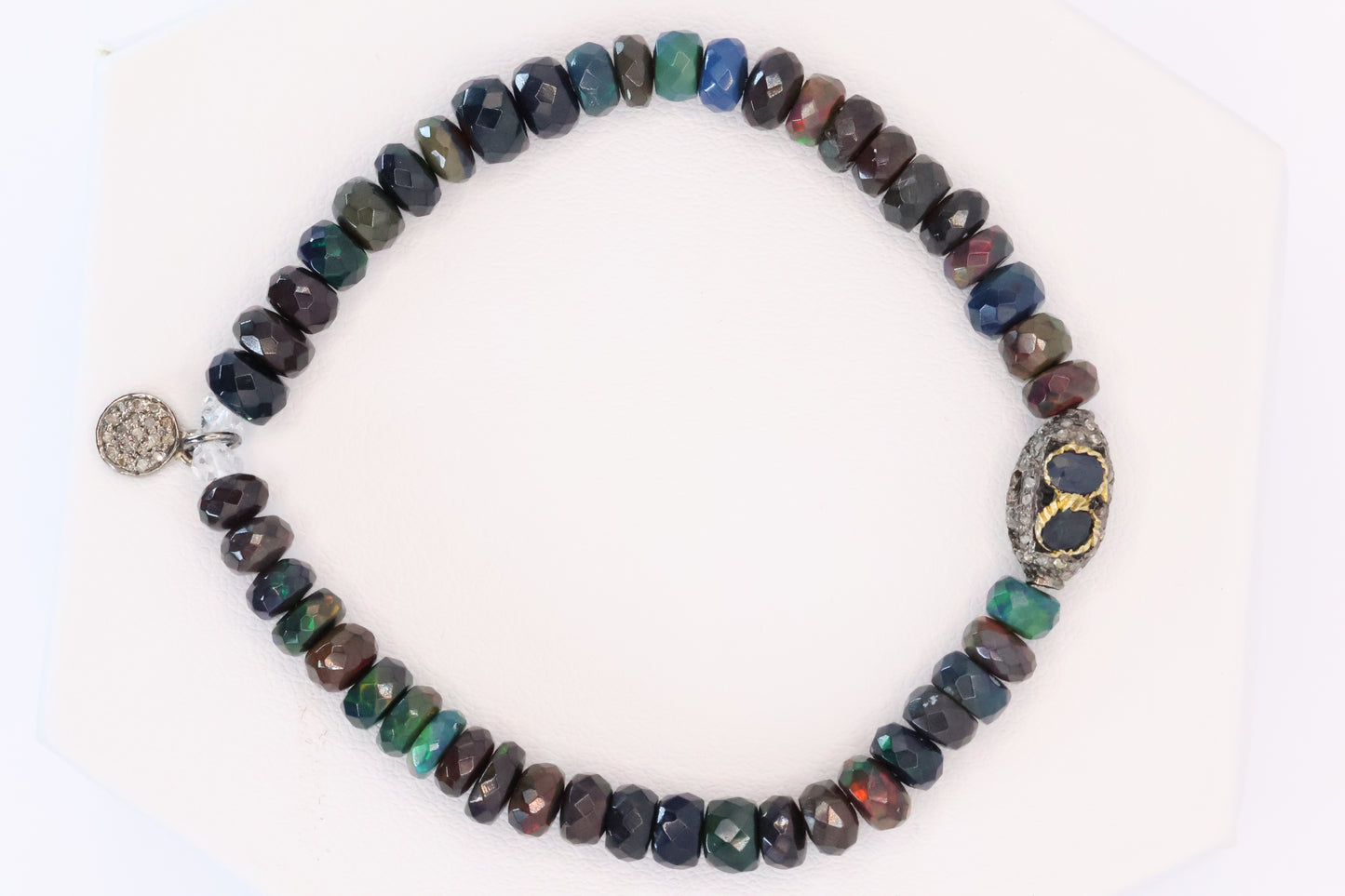 Black Opal Bracelet with Herkimer Diamonds & Sapphire/Diamond Bead