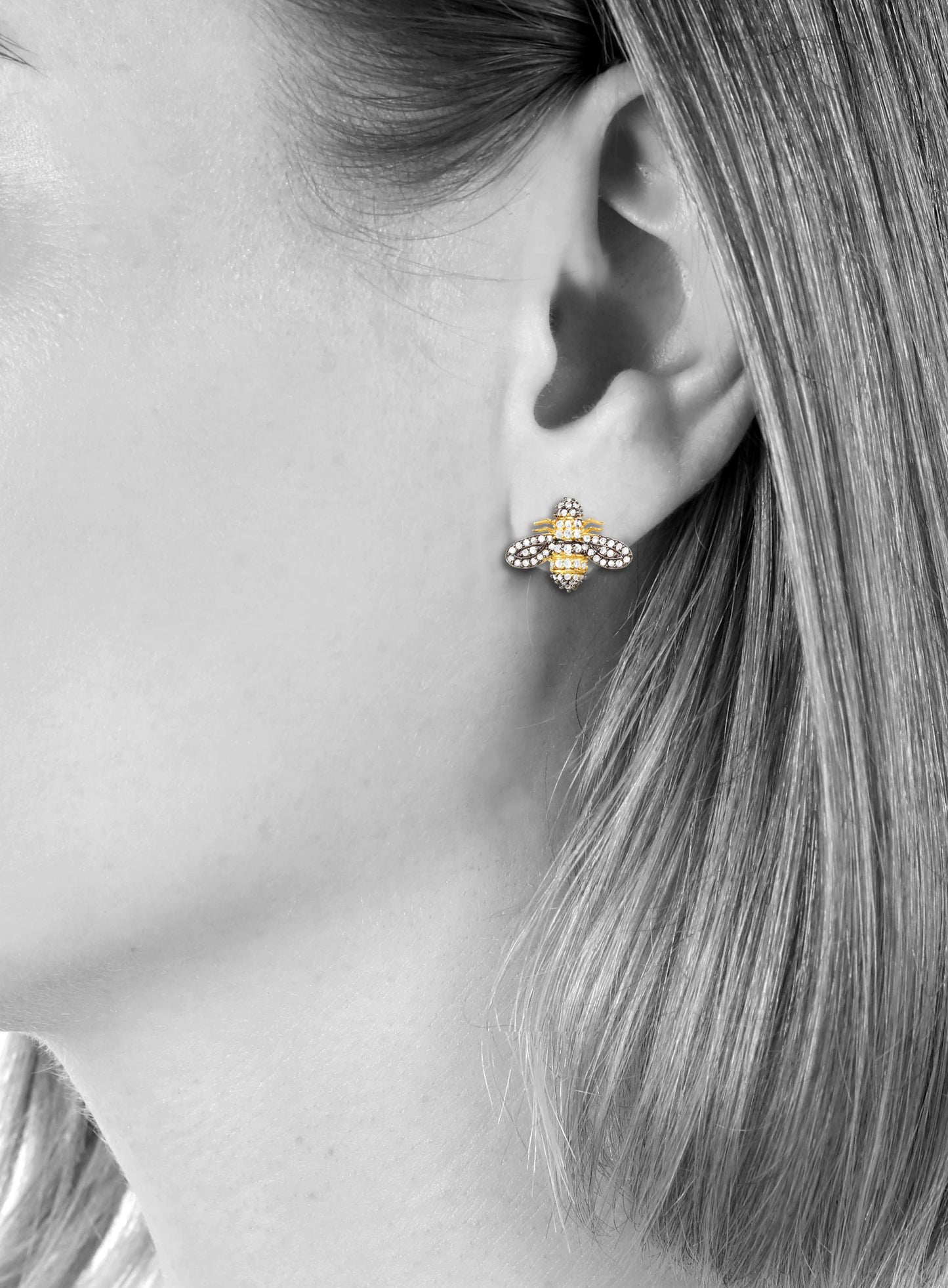 Diamond 2 tone bee post earring, .61 cts, 18K/ss, .5” H, .75” W