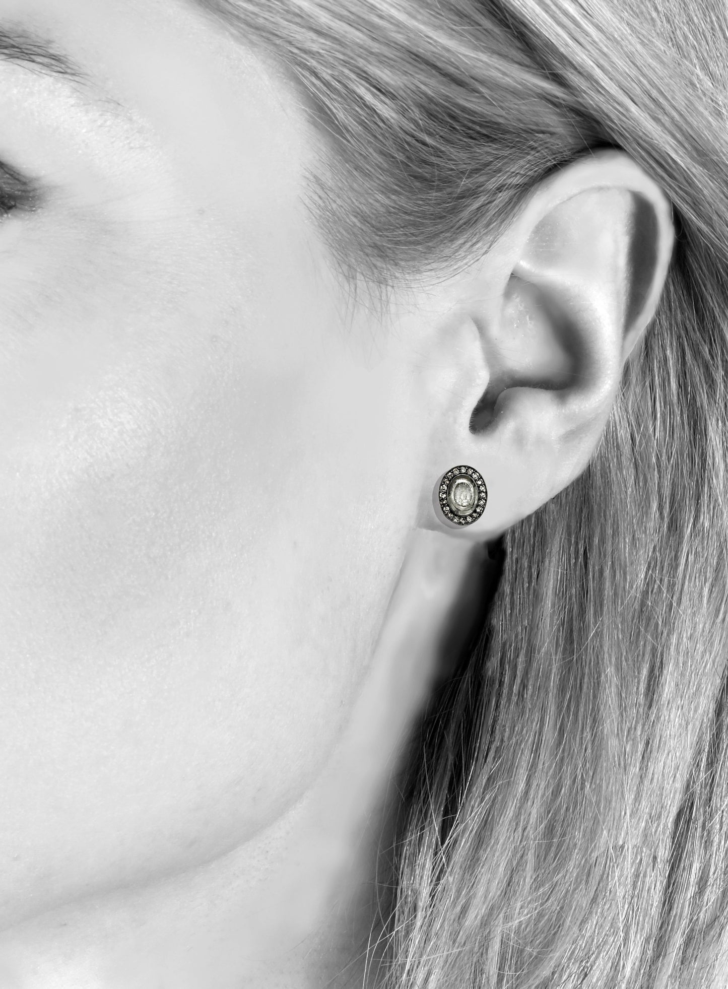 Oval raw diamond post earrings, 0.51 cttw., 18kt/ss, 18kt post, 7/16” H x 3/8” W