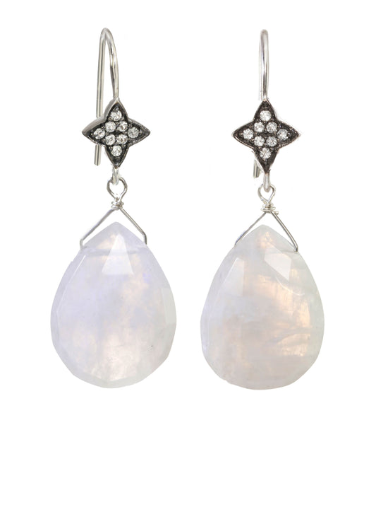 Faceted moonstone teardrop, white sapphires, s/s