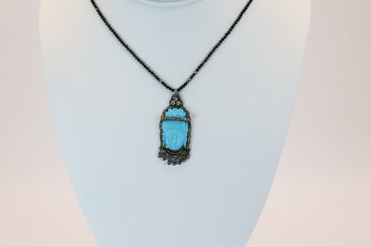 Turquoise Buddha Pendant with Diamonds & Black Spinel Necklace