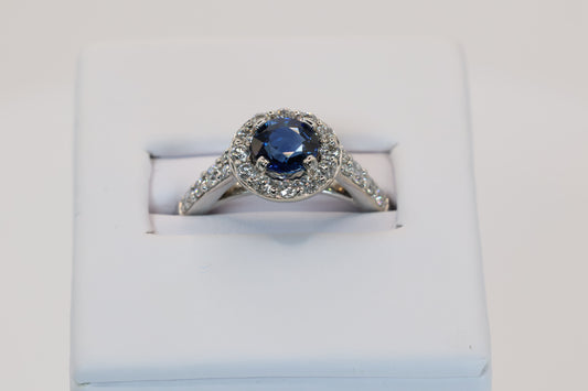 Round Sapphire with Diamond Halo Ring