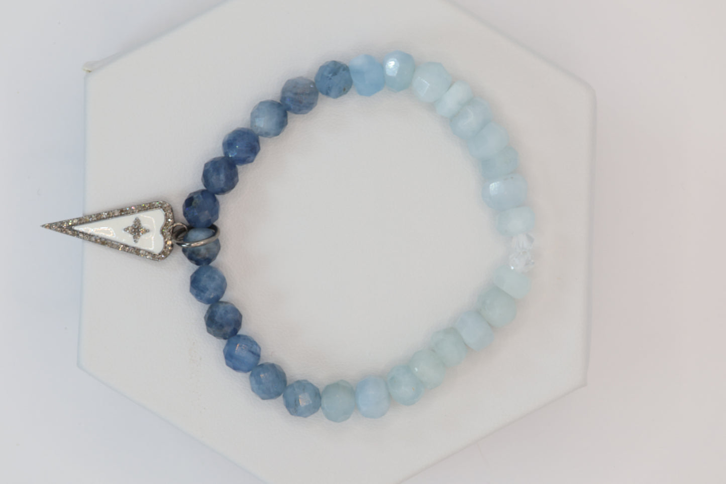 Aquamarine & AAA Aquamarine Bracelet with Elongated White Enamel Heart Charm with Diamonds