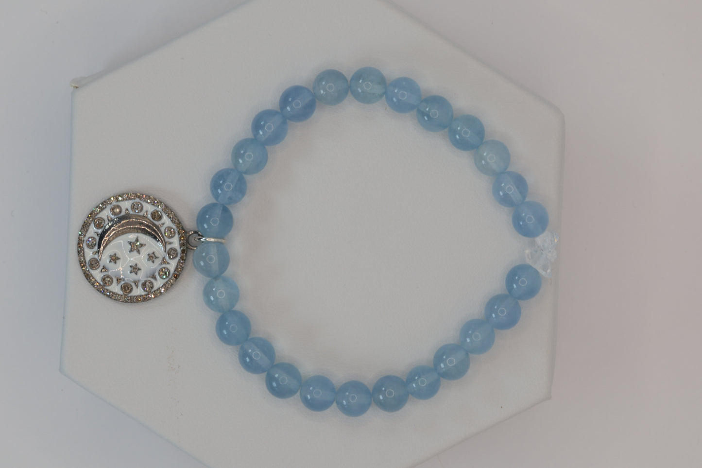 AAA Aquamarine Bracelet with Moon Charm with White Enamel & Diamonds