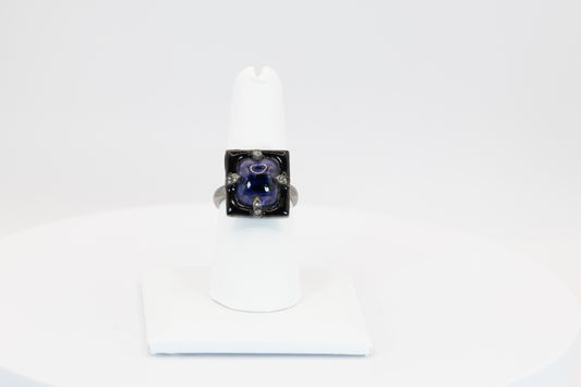 Tanzanite Cabochon & Black Enamel Ring with Diamonds