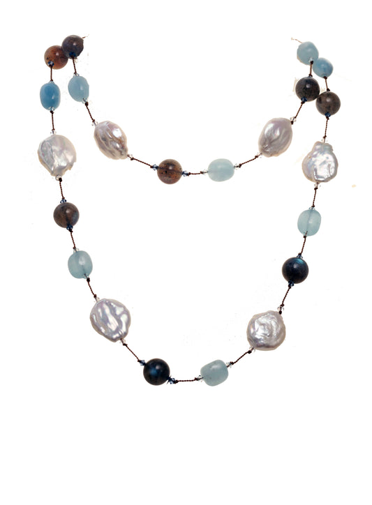 Smooth aquamarine, labradorite, white coin pearl, s/s, 35” length