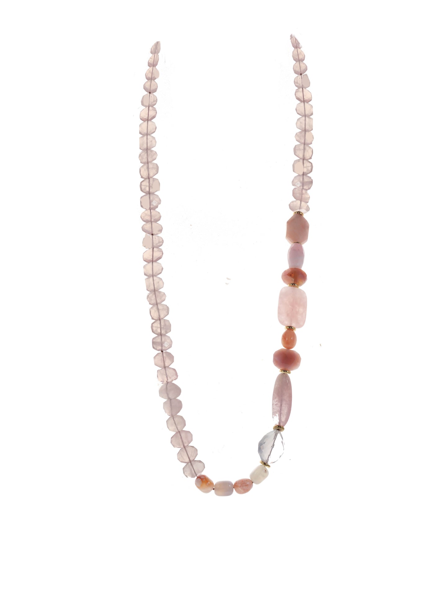 Morganite, rose quartz, agate, gf spacers, Vermeil double toggle, 30”