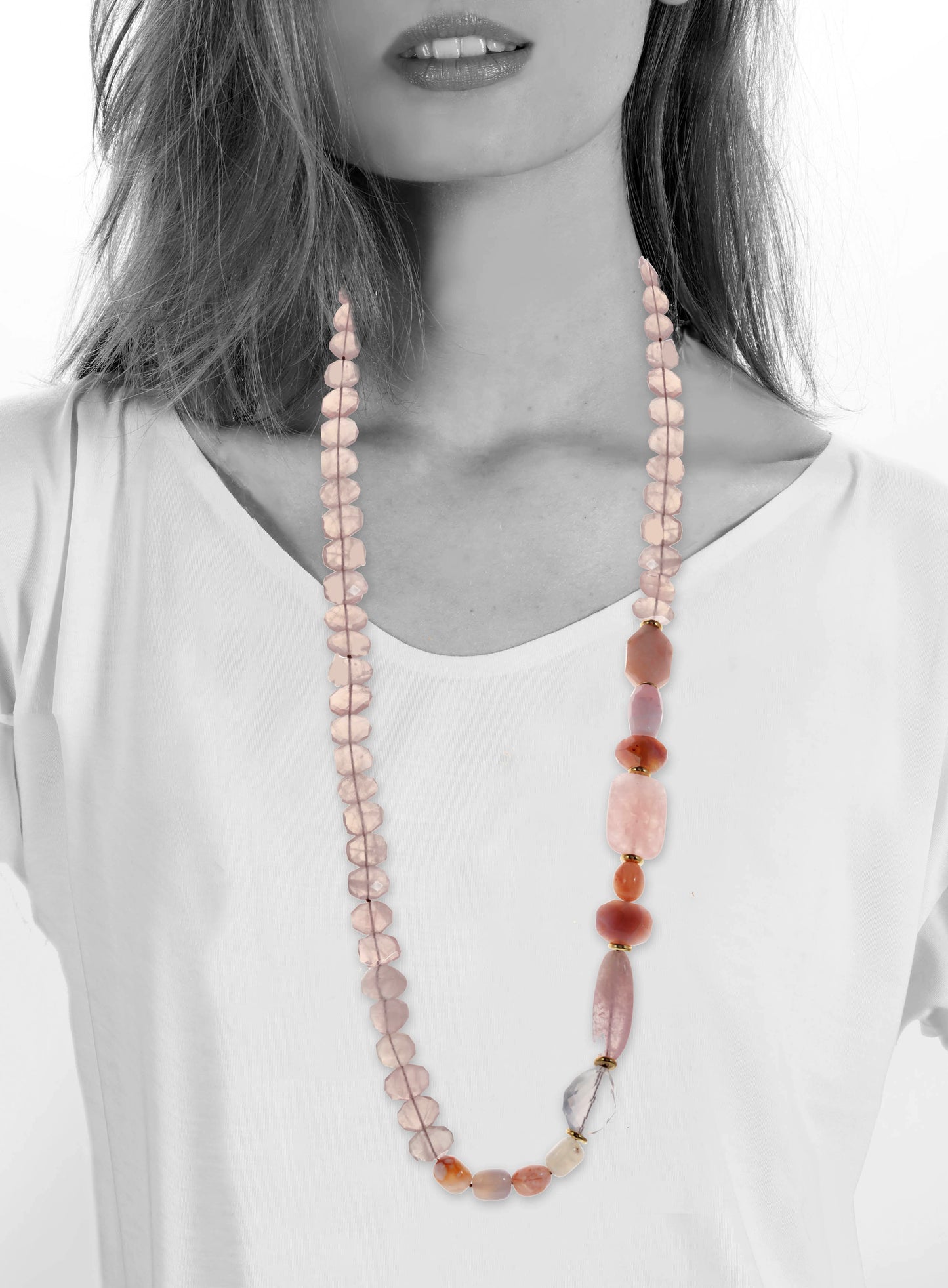 Morganite, rose quartz, agate, gf spacers, Vermeil double toggle, 30”