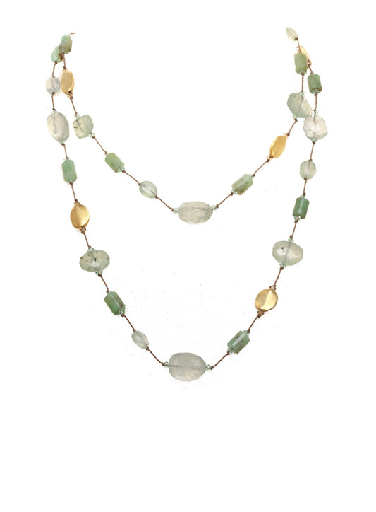 Ltd. Ed. Chrysoprase, prenite, green amethyst, 14kt gp bead, vermeil toggle, 35”