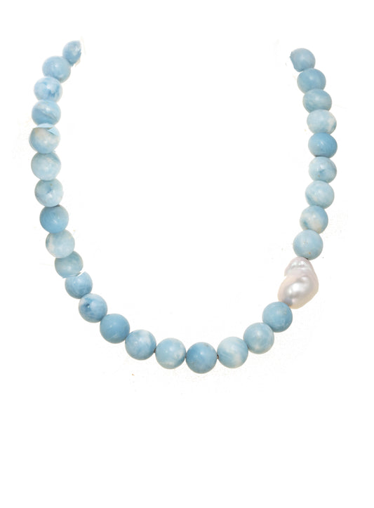 Natural Larimar smooth ball, white baroque pearl, s/s, 17”