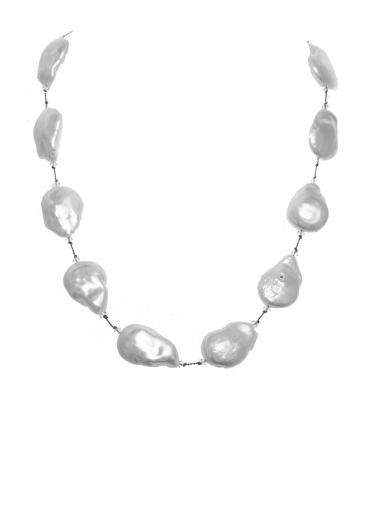 Large white freshwater coin pearl, s/s, 18” length