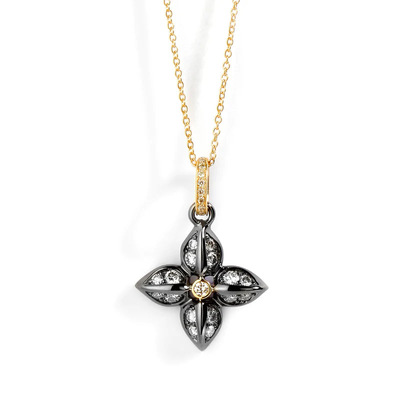 Jardin Diamond Flower Necklace Oxidized Silver & 18 Karat Yellow Gold